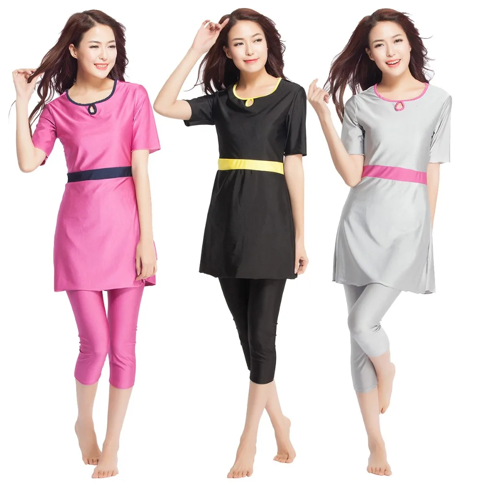 

Muslim Women SwimwearContrast Color Waist Tie Half Sleeve Cheap Modes Quick Drying Arab Modest Lady Beach Islamic Swimsuit Pants