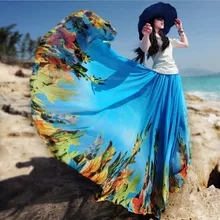 Летняя женская синяя шифоновая юбка с цветочным принтом богемные Напольные Длинные юбки