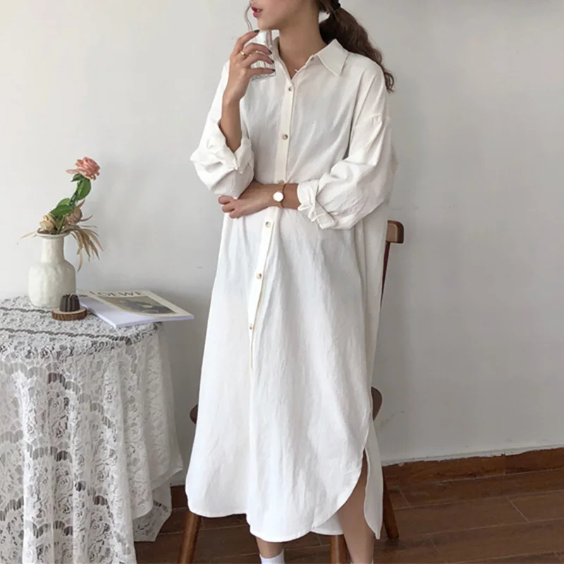 

Cotton Vintage Button Women Maxi Shirt Dress Long Sleeve Solid Turn-down Collar Female Dresses Summer Casual Loose Woman Tops