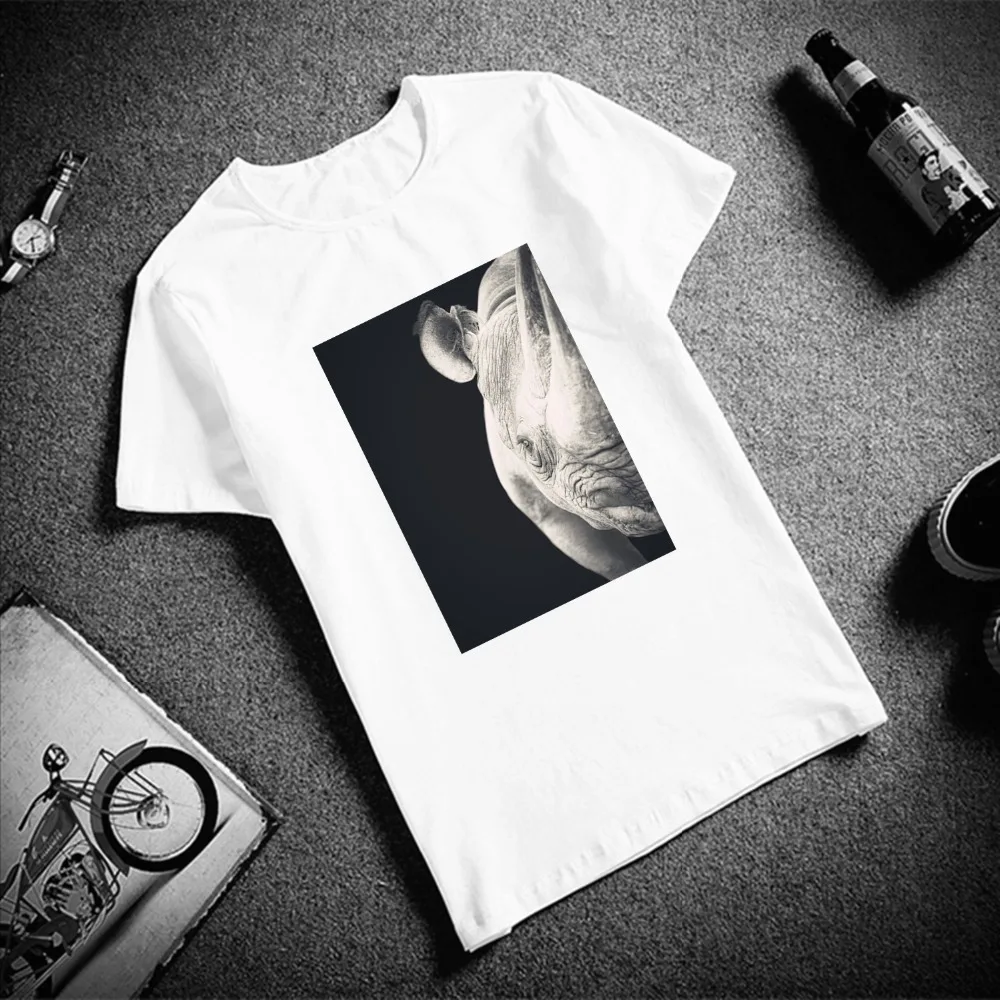 

New 100% Cotton Tshirt Black and White Rhino Silhouette Print Short Sleeve Tops & Tees Fashion Casual Unisex Couple T Shirt