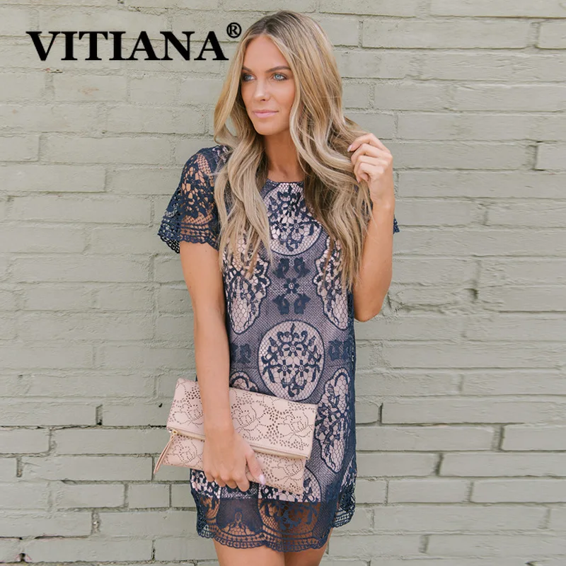 

VITIANA Women Casual Party Lace T Shirt Dress Summer 2019 Female Elegant O-Neck Sexy Loose White Mini Dresses Clothes Vestidos