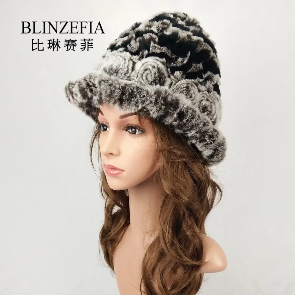 

2019 BLINZEFIA Knitted Genuine Real Rex Rabbit Fur Winter Bucket Hats for Women Lady Warm Russian Flower Muts Cap Chapeu BZ6024