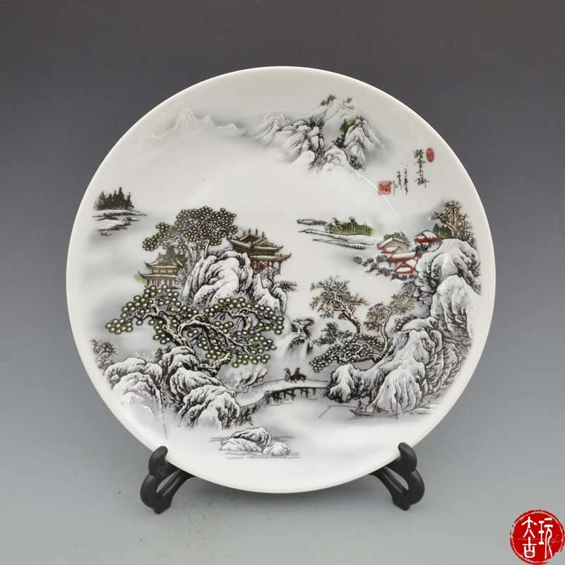

Rare old Chinese porcelain plate,Pastel,Snowy mountains in winter, Decoration /Collection/ crafts,Free shipping