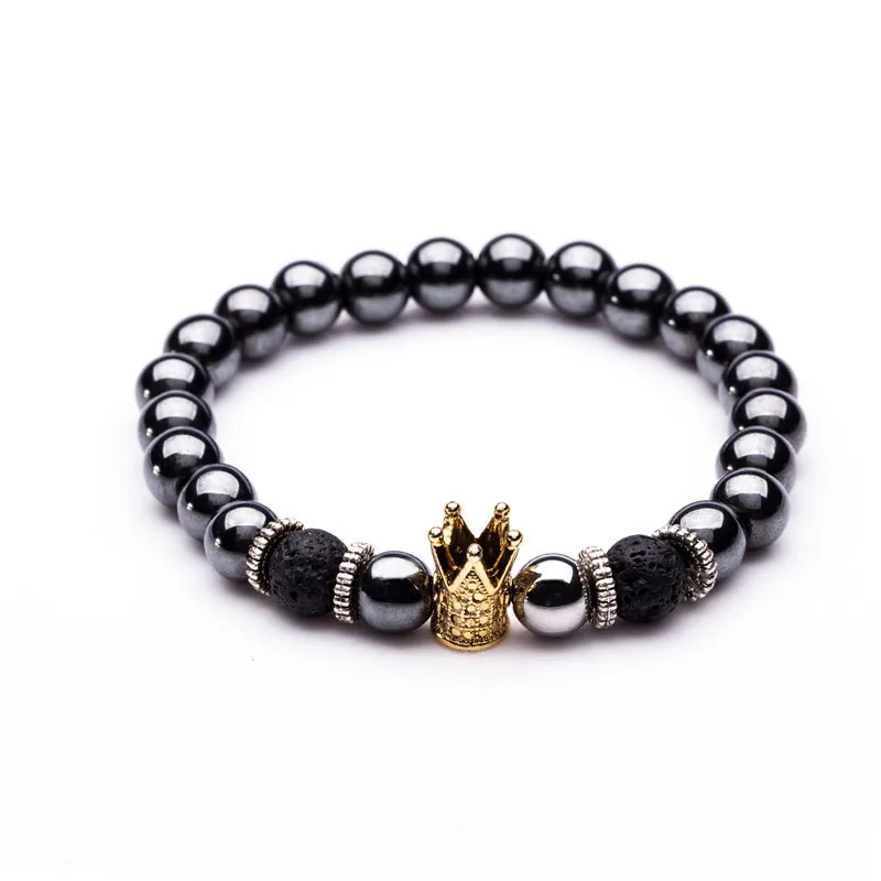 Новые высококачественные мужские браслеты с кристаллами, натуральные браслеты с бусинами из камня для мужчин, Модный золотой и серебряный браслет с короной - Окраска металла: B020212