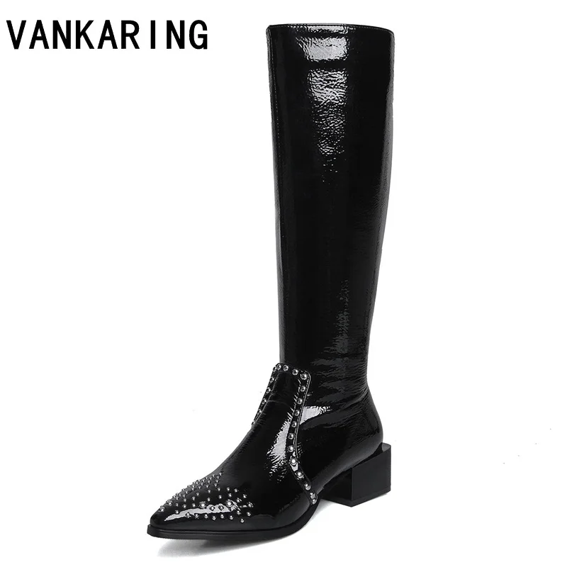 

Newest punk style rivets patent leather knee high boots for women embroidery knight long boots black retro cowboy western bootie