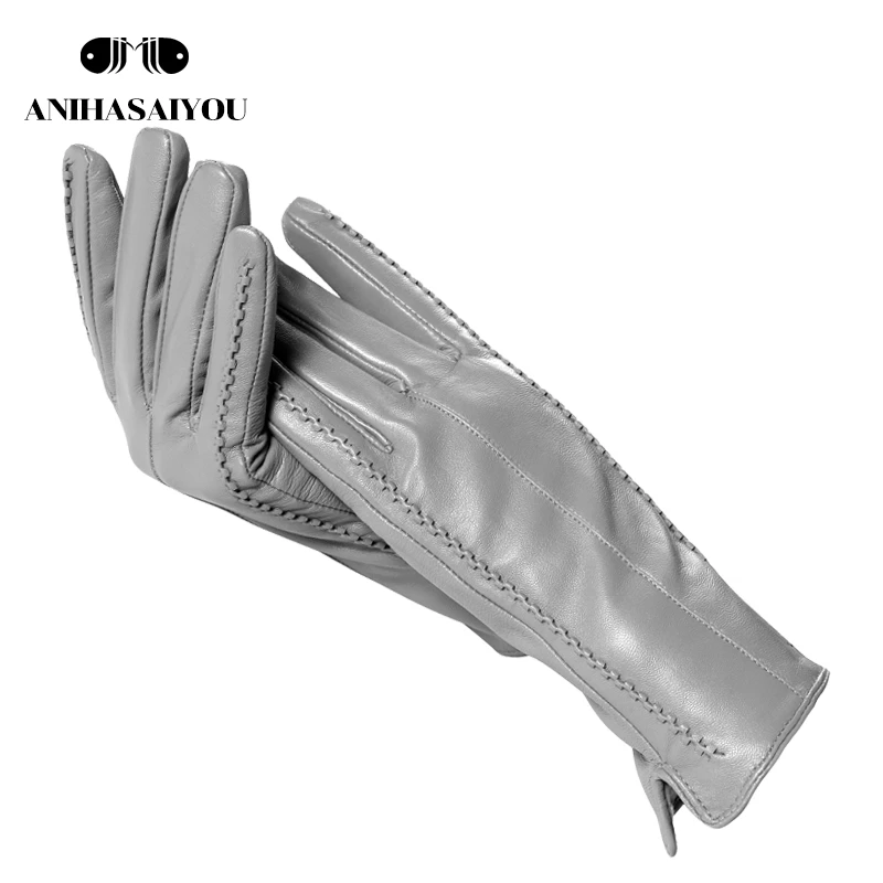 High Grade Women Leather Gloves,genuine Leather Light Grey Warm Women's