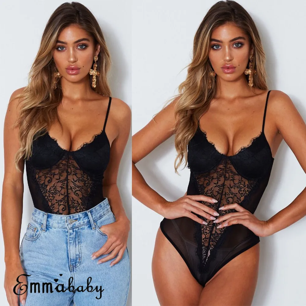 

Sexy Slim Sleeveless Jumpsuits Lace Stretch V-Neck Leotard Bodycon Bodysuit Top Romper Black See-through lace dress