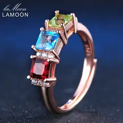 LAMOON 1.5ct 5 мм квадратный Красный Гранат Зеленый Перидот Голубой топаз 925 пробы-серебро-ювелирные изделия обручальное кольцо для женщин LMRI010