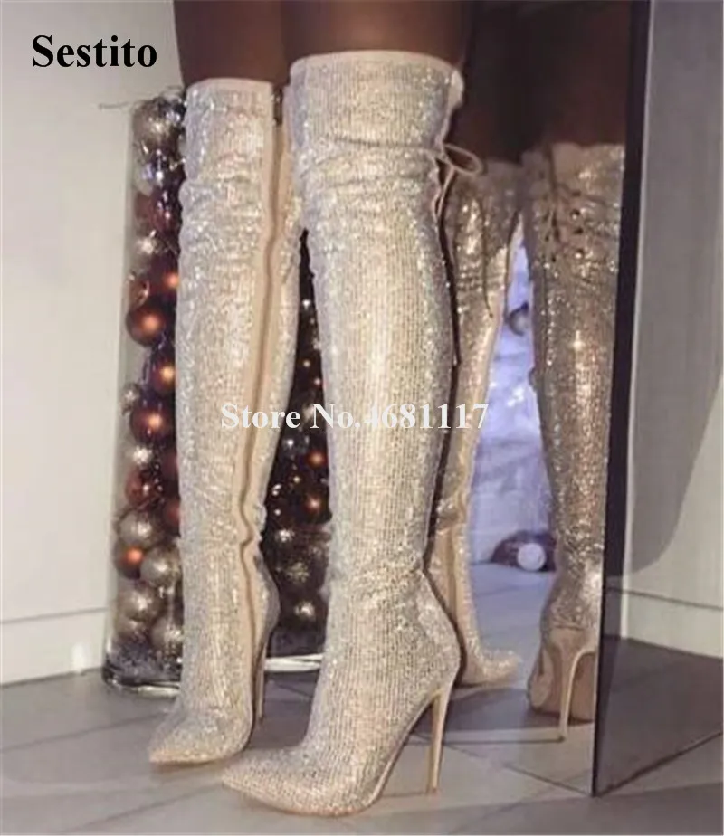 

Women Sexy Bling Bling Pointed Toe Rhinestone Over Knee Thin Heel Boots Back Lace-up Beige Black Red Crystal Long High Heel Boot