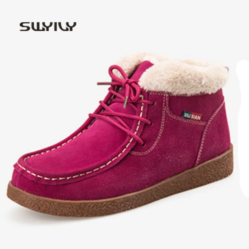SWYIVY Women Winter Warm Shoes 2018 Plus Velvet Leather High-top Walking Shoes Women Light Weight Lace-up Women Sneakers