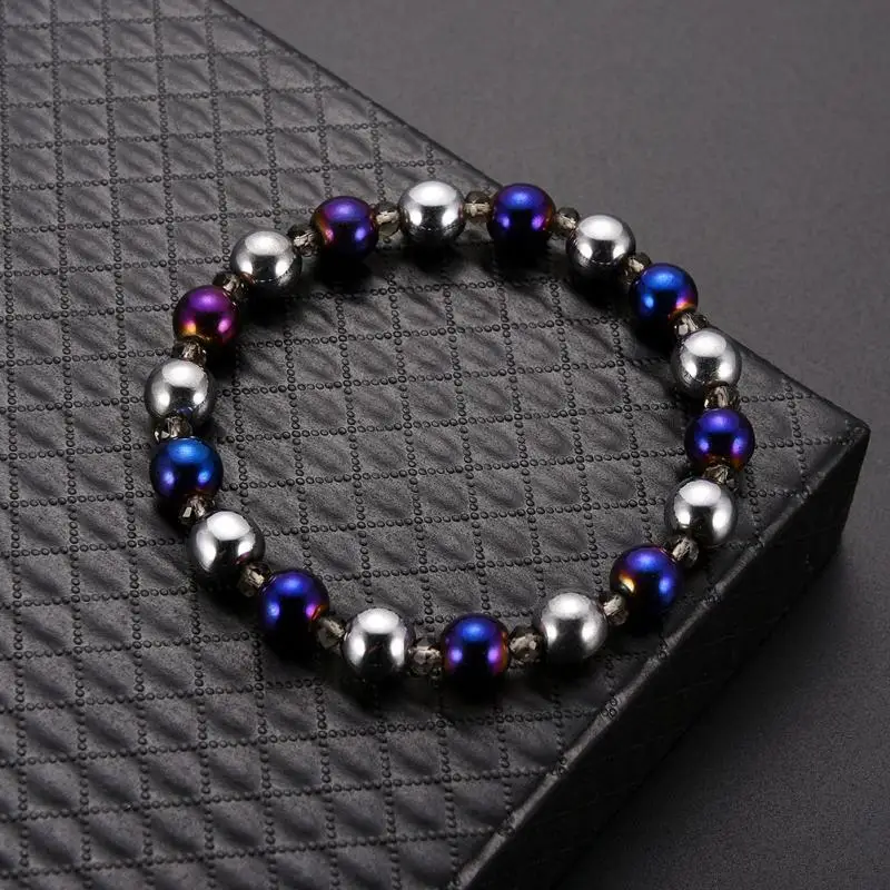 

Weight Loss Round Silver Blue Stone Magnetic Therapy Bracelet Health Care Magnetic Hematite Stretch Bracelet For Men Women