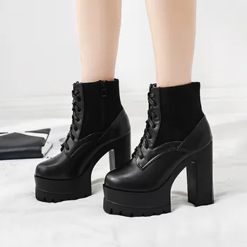 

YMECHIC 2019 Autumn Punk Gothic Thick Platform Ankle Motorcycle Women Boots High Heels Lace Up Booties Black Dance Ladies Shoes