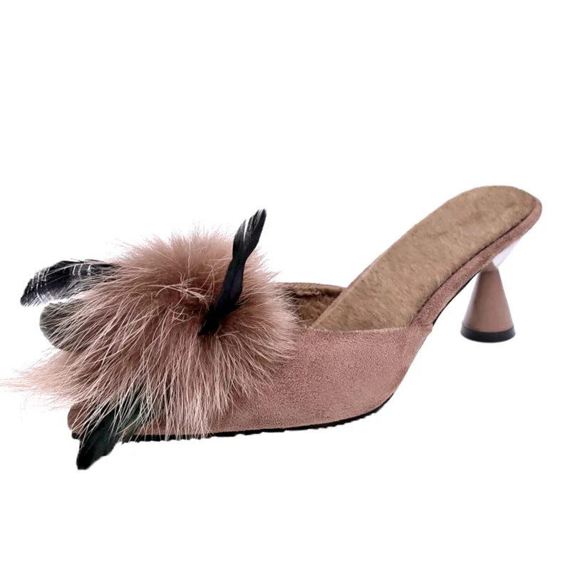 Меховые женские шлепанцы на высоком каблуке 6 см; женская обувь; женские шлепанцы с мехом; модные брендовые женские туфли-лодочки; туфли без задника; женские шлепанцы - Цвет: Хаки