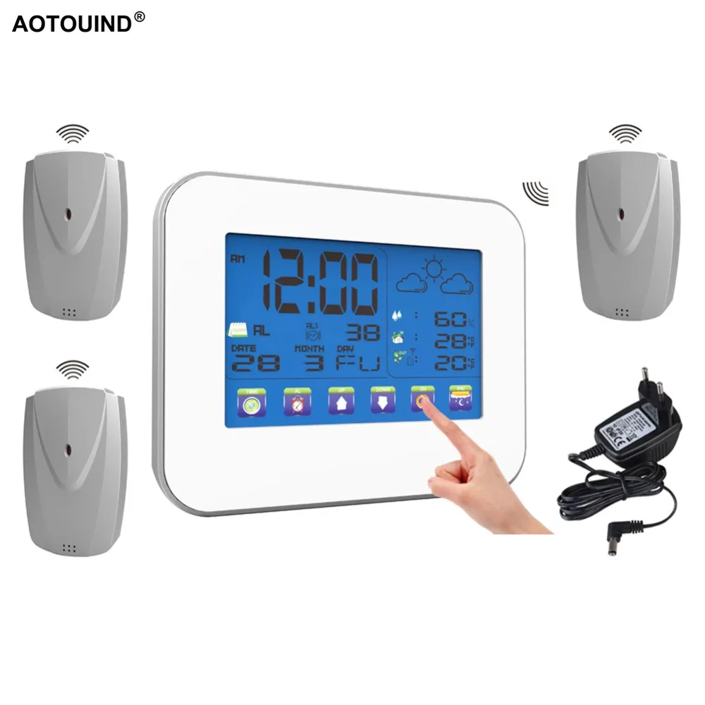 

AOTOUIND Weather Instrument Touch Screen Wireless Weather Station Clock with Indoor Outdoor Thermometer #T01+Adapter+3 Sensors