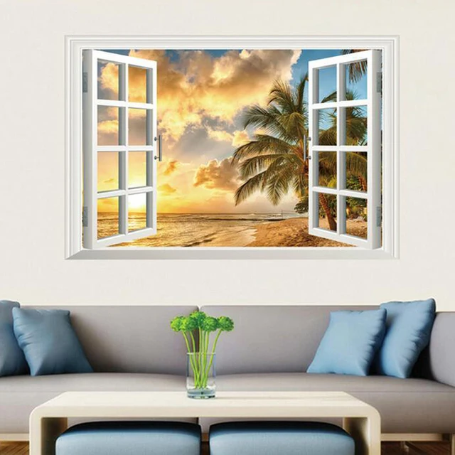 3d fake window landscape wall stickers removable living room beach wall