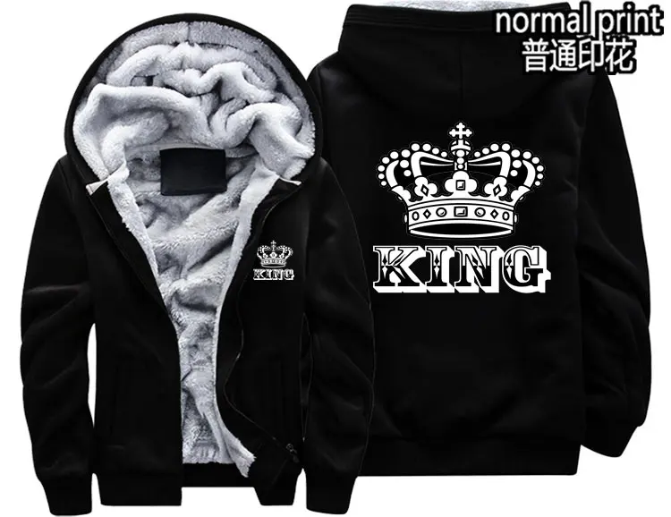 

Dropshipping The QUEEN The KING Luminous Glowing Print Winter Fleece Thicken Hoodie Jacket Coat Zipper Sweatshirt Lovers' cloth