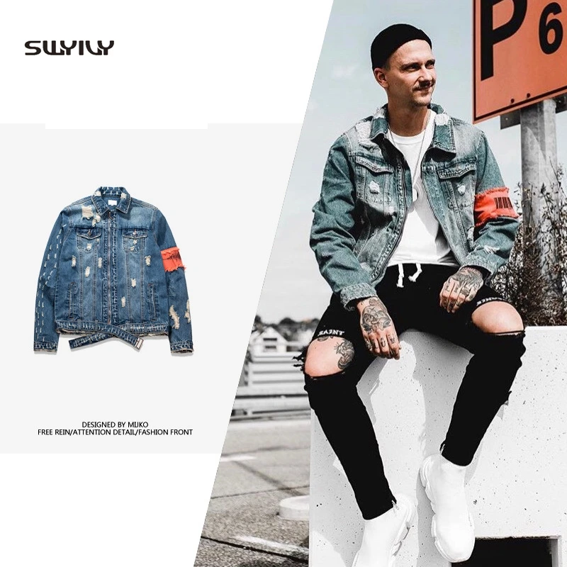 

SWYIVY Men's Denim Jacket Bomber Jacket Jean Tops Coat Casual Solid Color Old Hole Cowboy Men's Jackets Spring Autumn 2019
