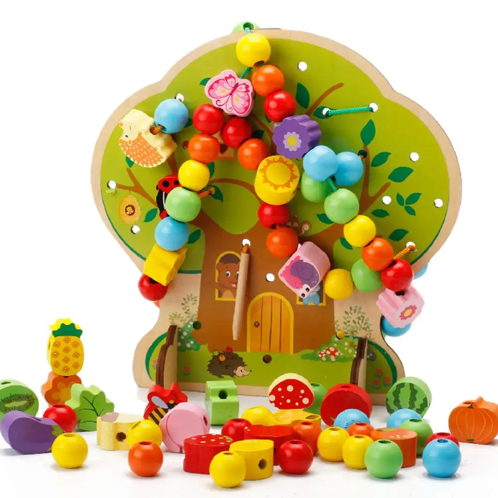 

102PCS Wooden toys Baby DIY Stringing Threading Wooden beads toy Monterssori Educational for Baby Kids Children