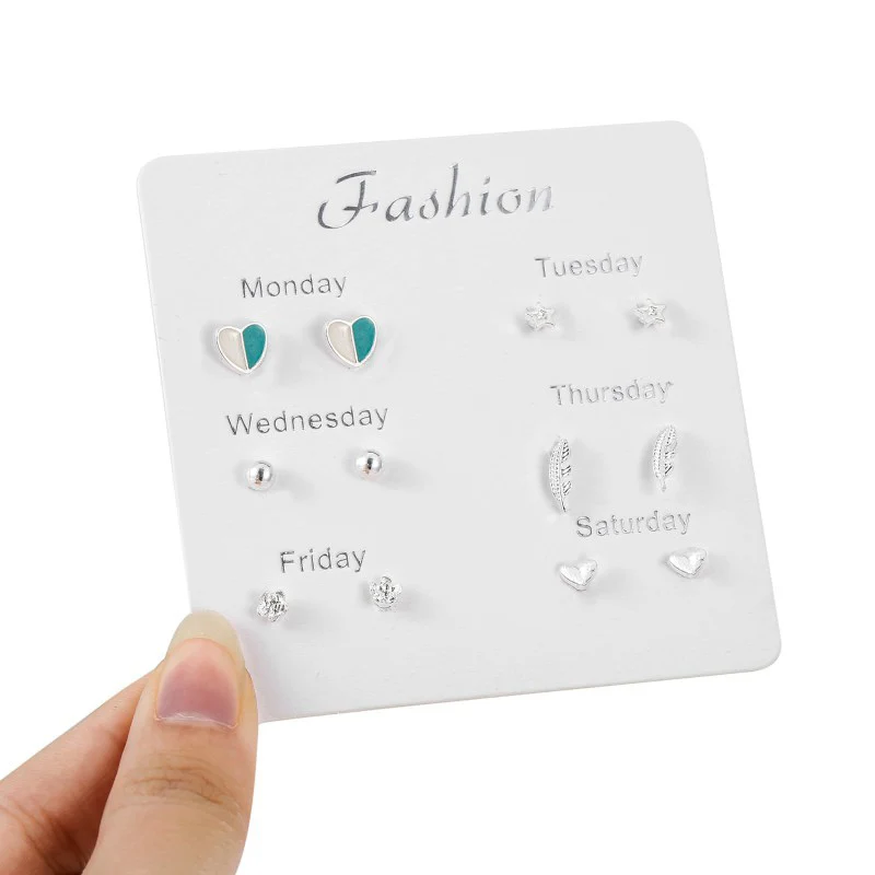 

2019 New Fashion One Week Style Heart Stud Earring Sets for Women Star Flower Leaf Feather Monday To Saturday 6 Pairs Earrings