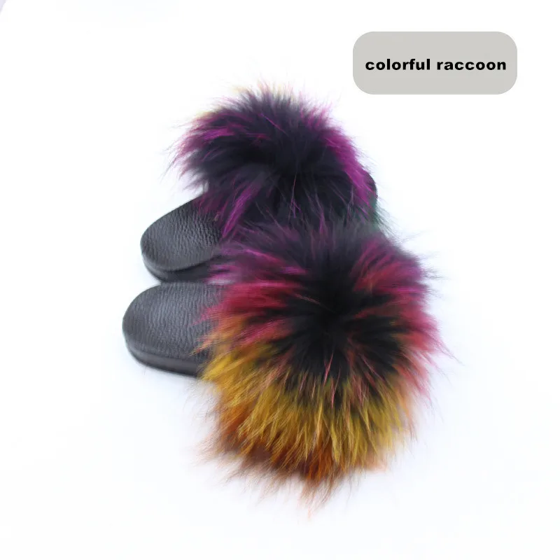 ZDFURS/Настоящие лисьи тапочки для девочек детские домашние шлепанцы с мехом для девочек милые летние домашние тапочки с мехом енота для детей - Цвет: colorful raccoon fur