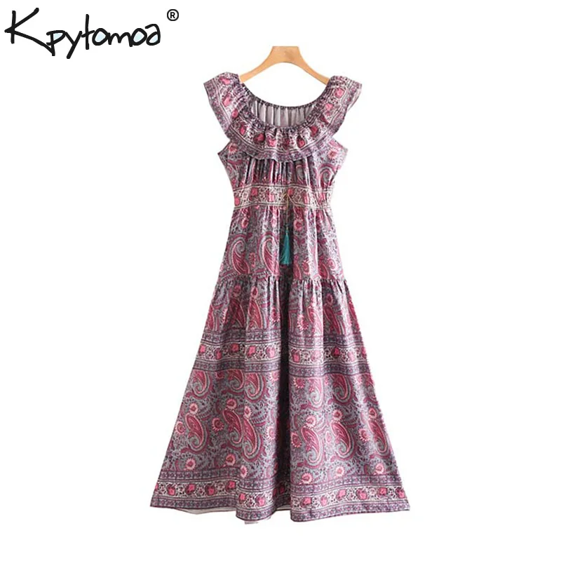 

Vintage Floral Print Ruffles Off Shoulder Midi Dress Women 2019 Fashion Slash Neck Tassel Ladies Dresses Casual Vestidos Mujer