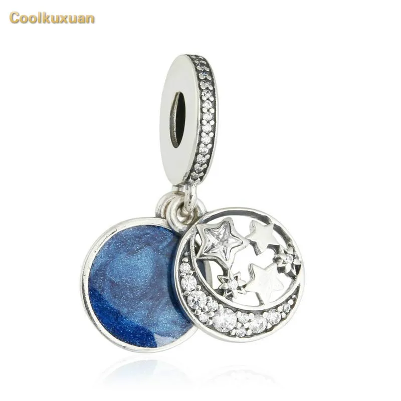 

Vintage Blue Enamel Christmas Night Sky Hanging Charms For Jewelry Making Original 925 Sterling Silver Zircon Stars Moon Beads
