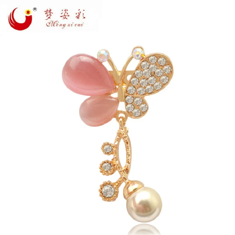 

MZC Lovely Pink Opal Butterfly Brooches Pins Crystal Zinc Alloy Pearl Pendant Brosh Broches for Women Girl Collar Corsage