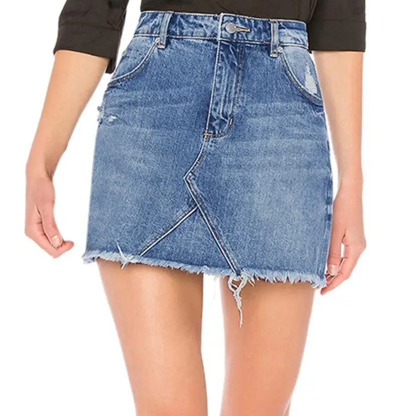 Women Blue Denim Jeans Solid Casual Hole Summer Button Short Mini Skirt ...