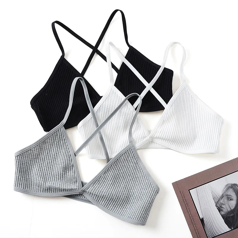 De Monarchia Teenage Girls Ribbed Plunge Bra Wireless Triangle Crisscross Back V Neck Bra Comfort Stretch Young Lady's Bralette