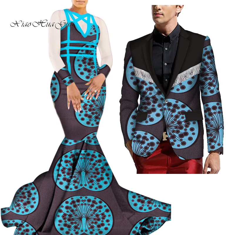 African Mermaid Bazin Riche Dresses for Couples Dashiki African Couple Clothing Women's Dress+Men's Blazer 2 Pieces Set WYQ275 - Color: 3