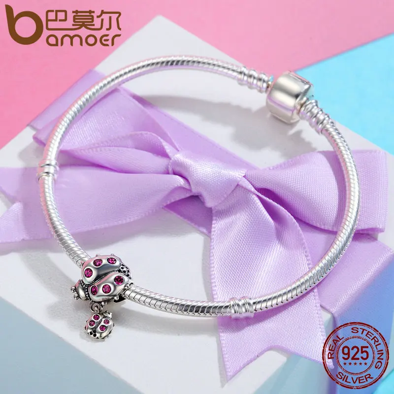 BAMOER Genuine 925 Sterling Silver Ladybug Story Clear CZ Dangle Charm Pendant fit Women Charm Bracelet Necklace Jewelry SCC364
