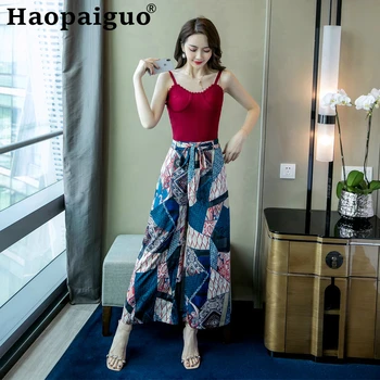 

Plus Size Fashion Casual Summer 2 Piece Set Spaghetti Strap Ladies Tank and Print Vintage Wide Leg Pants for Women Two Piece Set