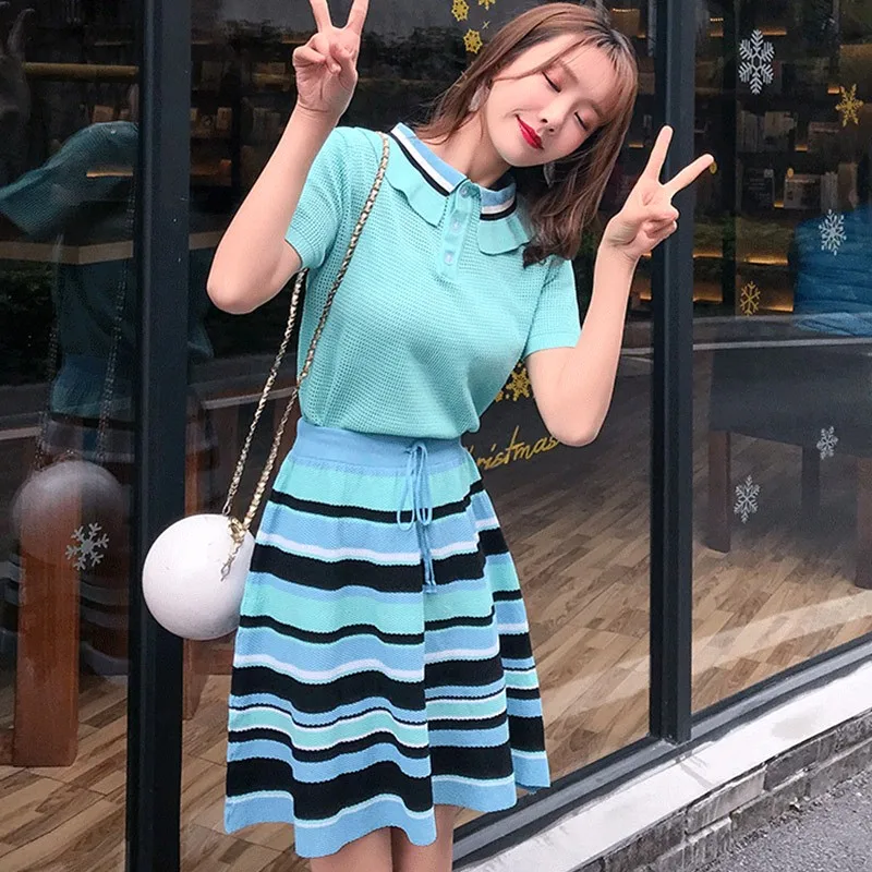 

Summer Preppy Style Casual Knitted Colorful Strip Peter pan collar Shirt & A-line Striped Skirt Suit Set Girls Sweet 2pcs Set