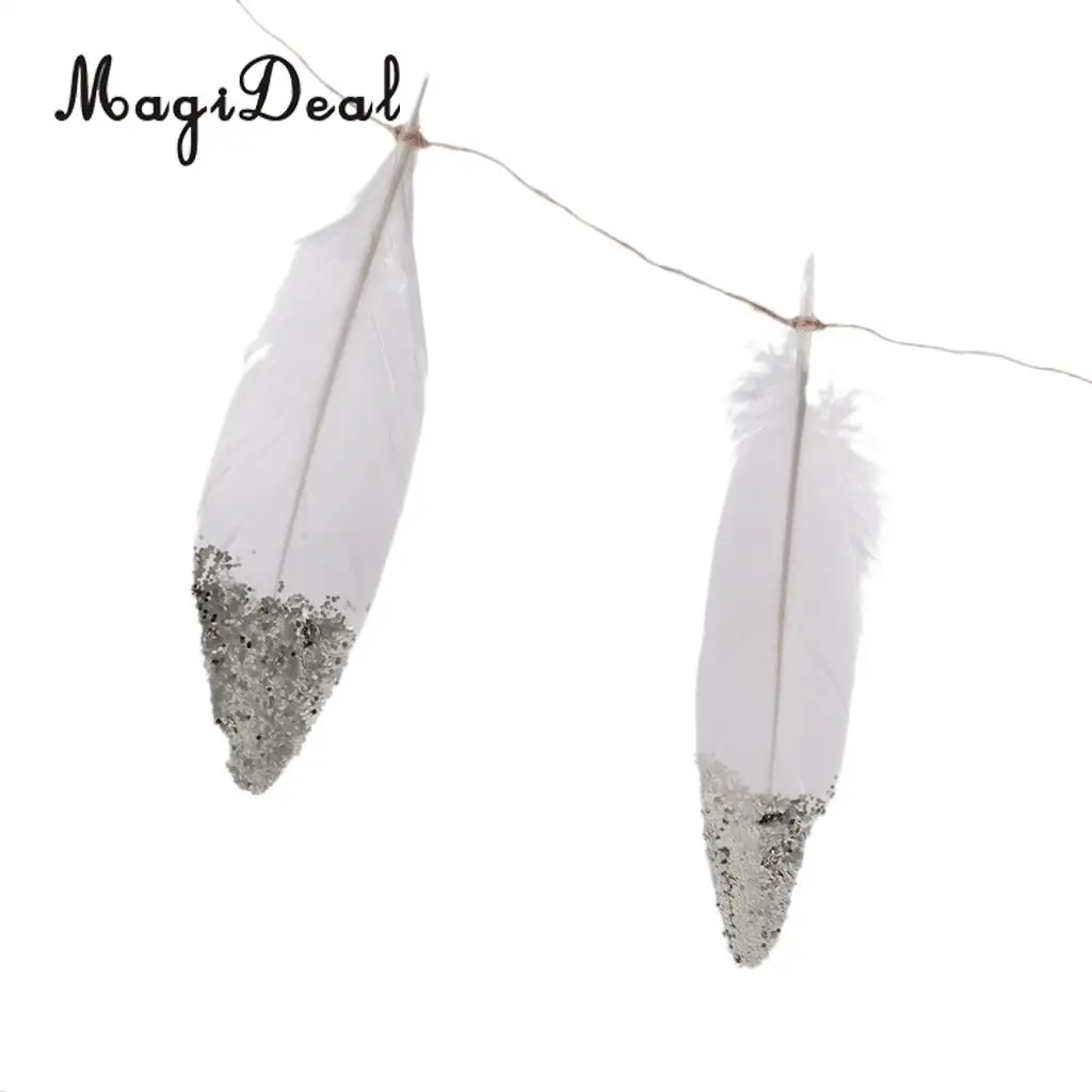 MagiDeal 2pcs Novelty Boho Gold Silver Dipped White Feather Bunting Banner Tassel Garland Nursery Romm Wall Decor