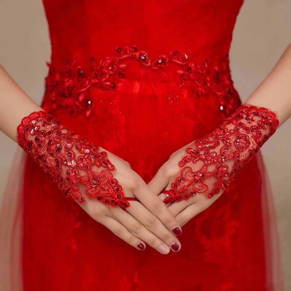 Женские перчатки для невесты, Женские Элегантные перчатки без пальцев, стразы, женские кружевные перчатки, Вечерние перчатки, красные перчатки, Guantes Mujer#10