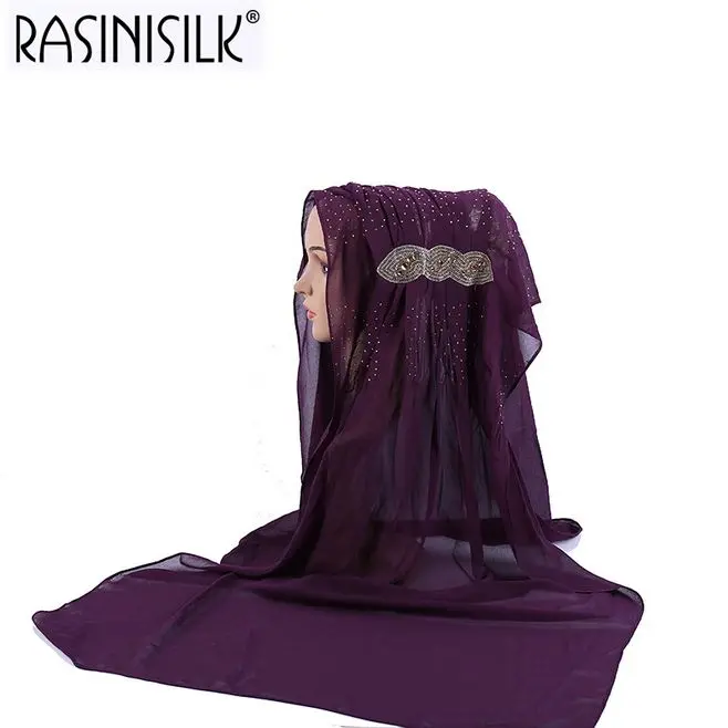 Арабских платок из однотонного шифона hijab шарф Мусульманский тюрбан Для женщин длинной мантией для изысканный заклепки декоративные хиджаб femme musulman