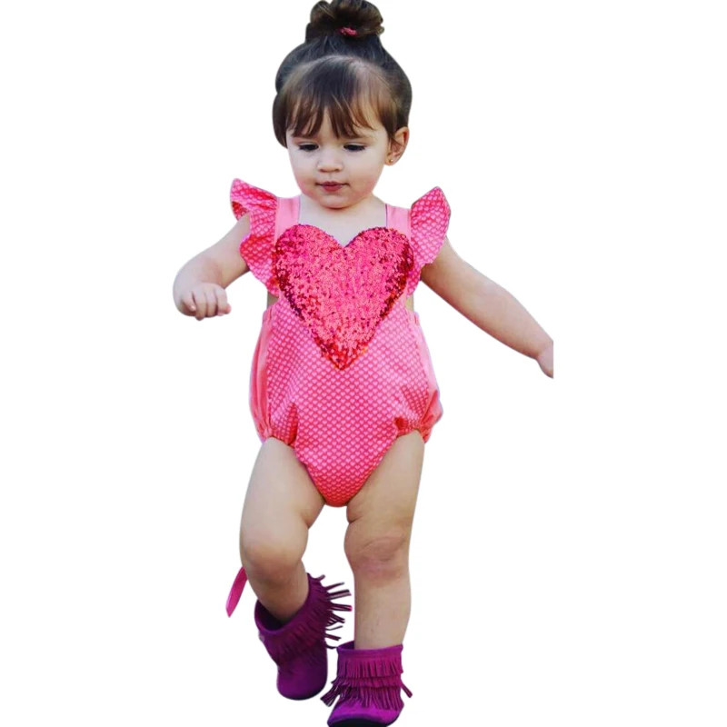 2017 Summer Cute Baby Girl Rompers Blackless Sequin Heart Jumpsuits