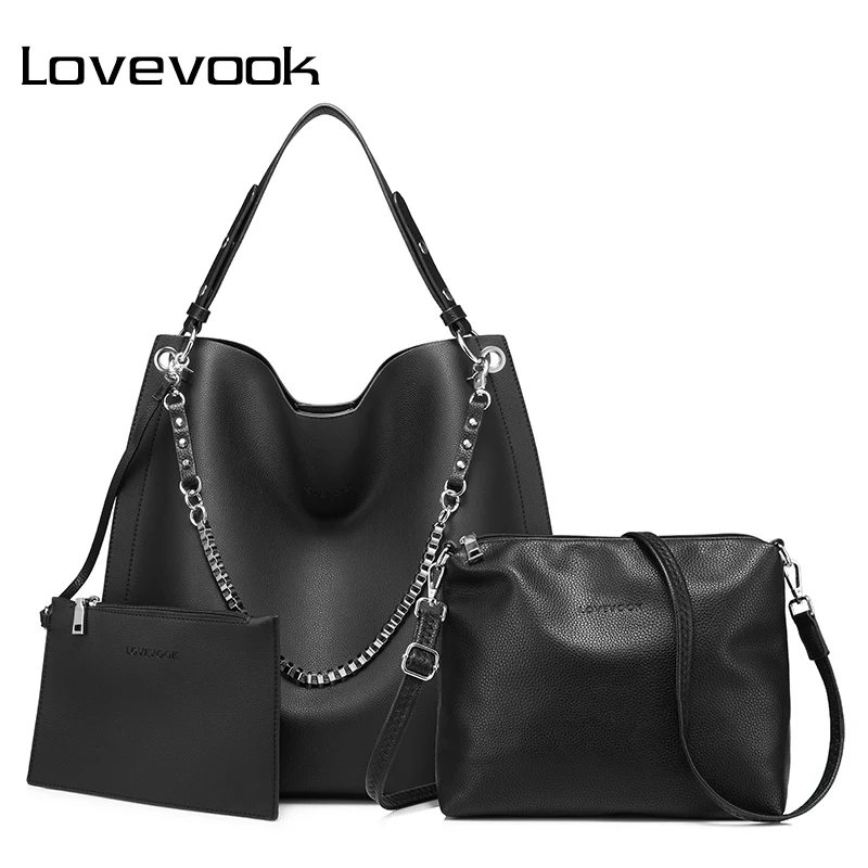 LOVEVOOK 3 sets women handbag large tote bag chain shoulder bag with soft artificial leather ...