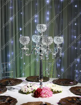

Free shipment 4pcs/lots wedding crystal metal silver candelabras 5 arms 30inch tall wedding centerpiece event party decorations