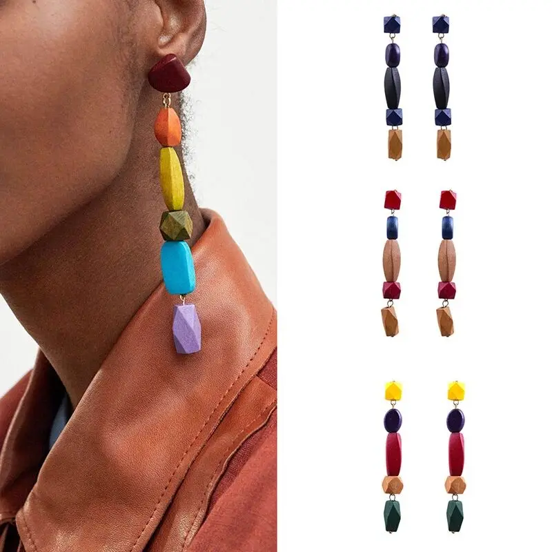 2018 New Retro geometric wooden earring Korean version simple temperament long pendant personality studs | Украшения и аксессуары