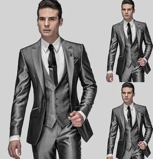 37 Shiny Korea Satin Gray Applique Groom Tuxedos Groomsmen Men's Wedding Prom Suits (Jacket+Pants+Vest+Tie)