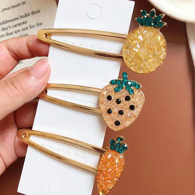 Women Girls Cute Strawberry Pineapple Fruit Hair Clips Imitation Crystal Glitter Rhinestone Luxury Hairpin Metal Alloy Barrette