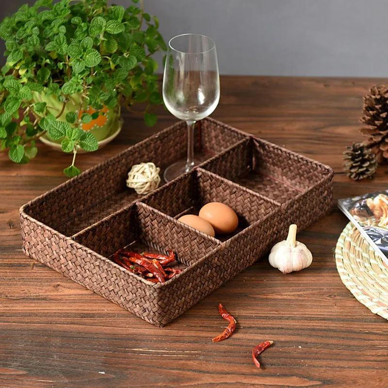 Günstige WHISM Handgemachte Natürliche Stroh Fünf rahmen Lagerung Box Rattan Wicker Obstkorb Lebensmittel Snack Sortierung Fall Hochzeit Organizer Box