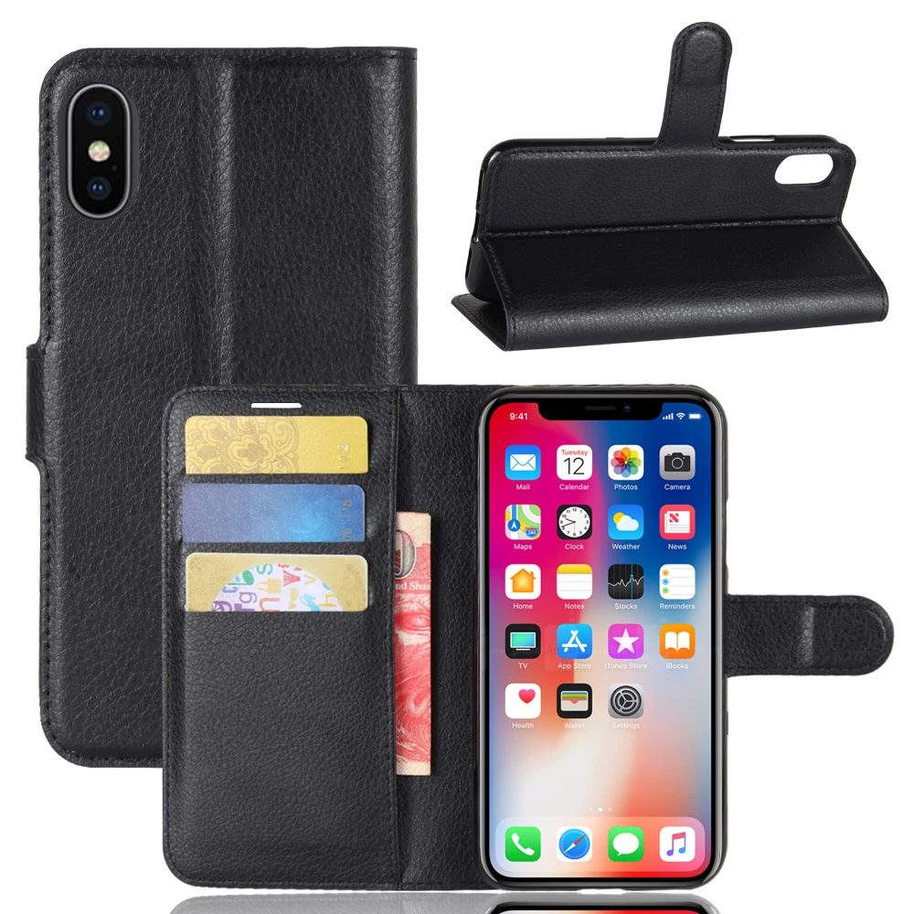 case for iphone 12 pro Case for Apple iPhone X 10 Cases Wallet Card Stent Lichee Pattern Flip Leather Covers Cover black for iPhone10 iPhoneX iPhone-X iphone 12 pro case