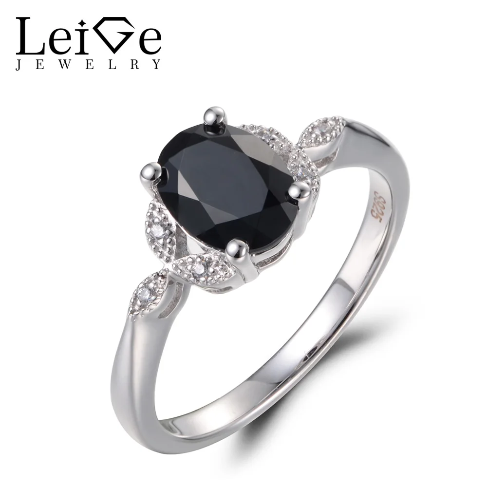Leige Jewelry Natural Black Spinel Ring Anniversary Rings Oval Cut Gems