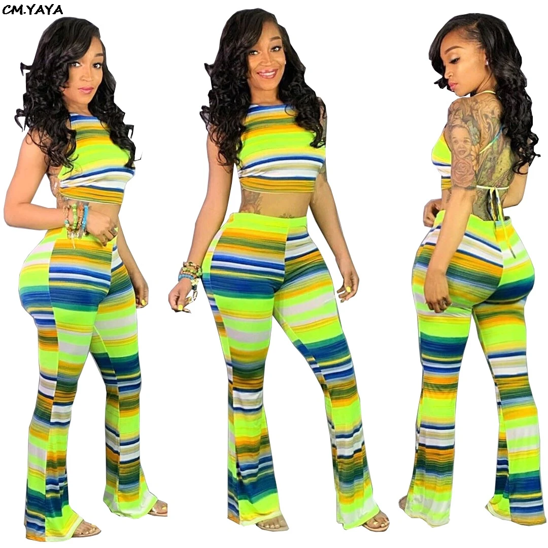 

2019 new women summer striped colorful print open back lace up crop top wide leg pants suit two piece set beach tracksuit L8063