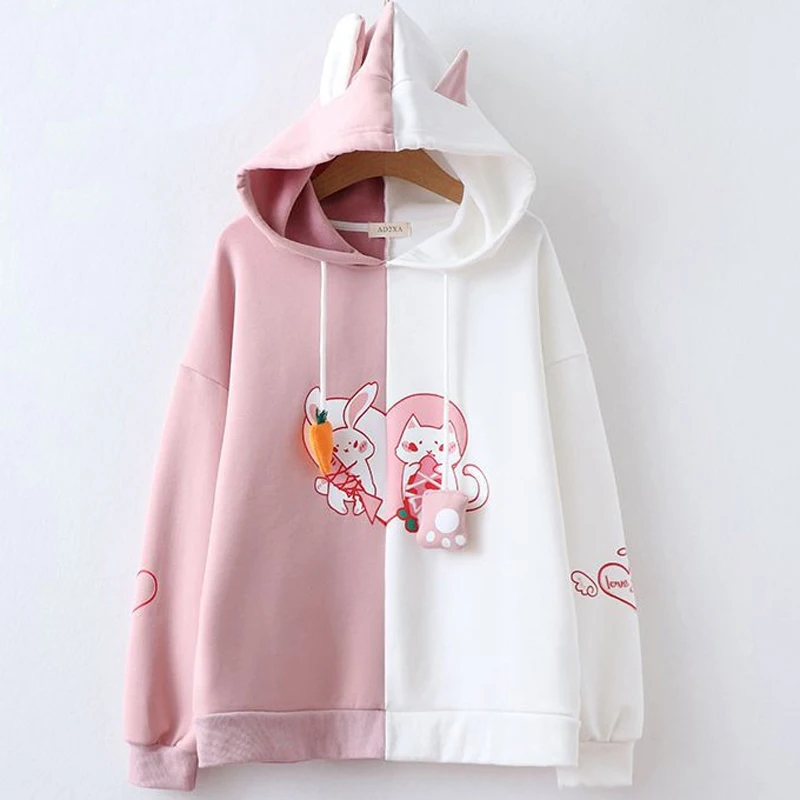 

Winter Women Harajuku Cute Cartoon Love Heart Cat Rabbit Hooded Hoodies Female Pullovers Sweatshirts Pull Femme
