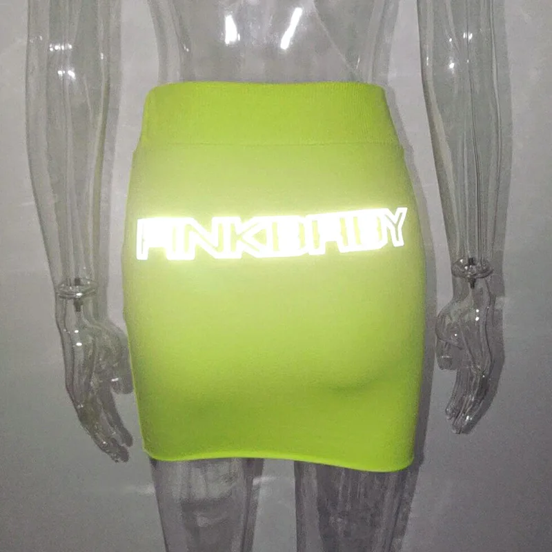 Hugcitar, высокая талия, светоотражающая юбка с буквенным принтом,, летняя женская мода, неоновые, зеленые, вечерние, для клуба, уличная одежда, юбки
