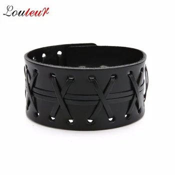 LOULEUR Vintage Punk Genuine Leather Bracelet 2 Color Black & Brown Weave Cross Braid Wide Rope Bracelets for Men Jewelry Gifts
