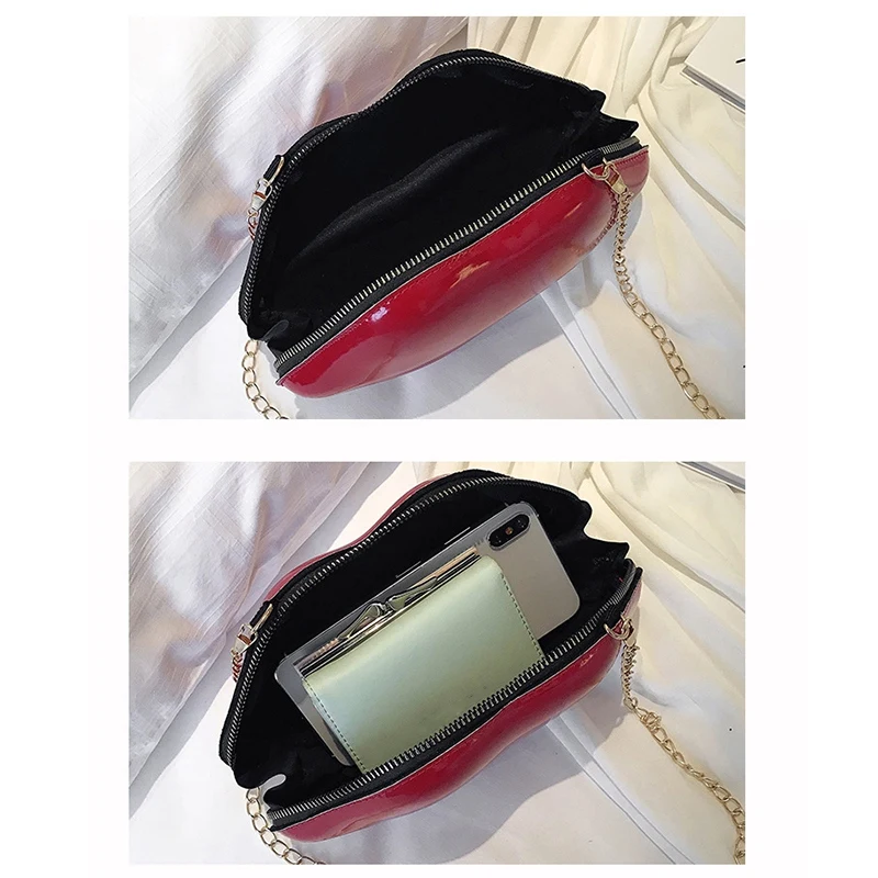 Women Red Lips Clutch Bag Ladies Pu Leather Chain Shoulder Bag Bolsa Evening Bag Lips Shape Purse